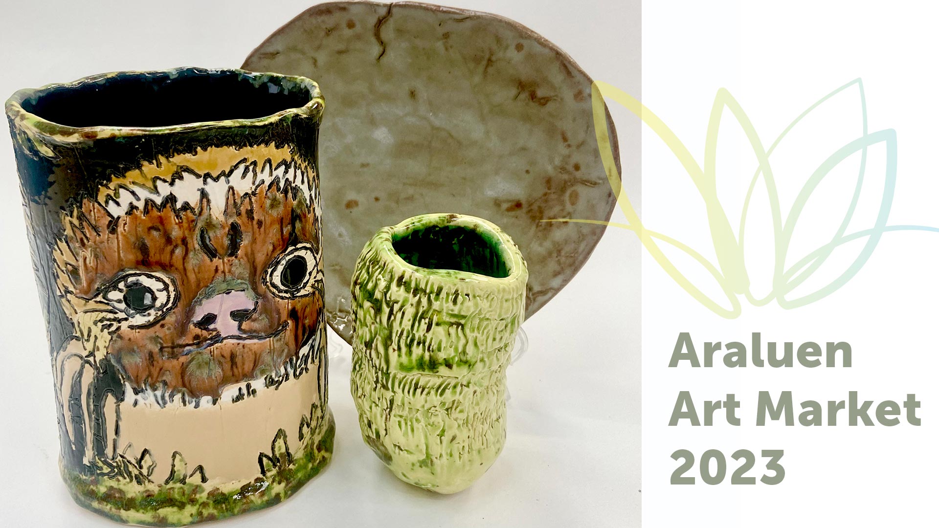 photo of handmade ceramics two vases and a plate and a waterlily logo for Araluen with text that says Araluen Art Market 2023