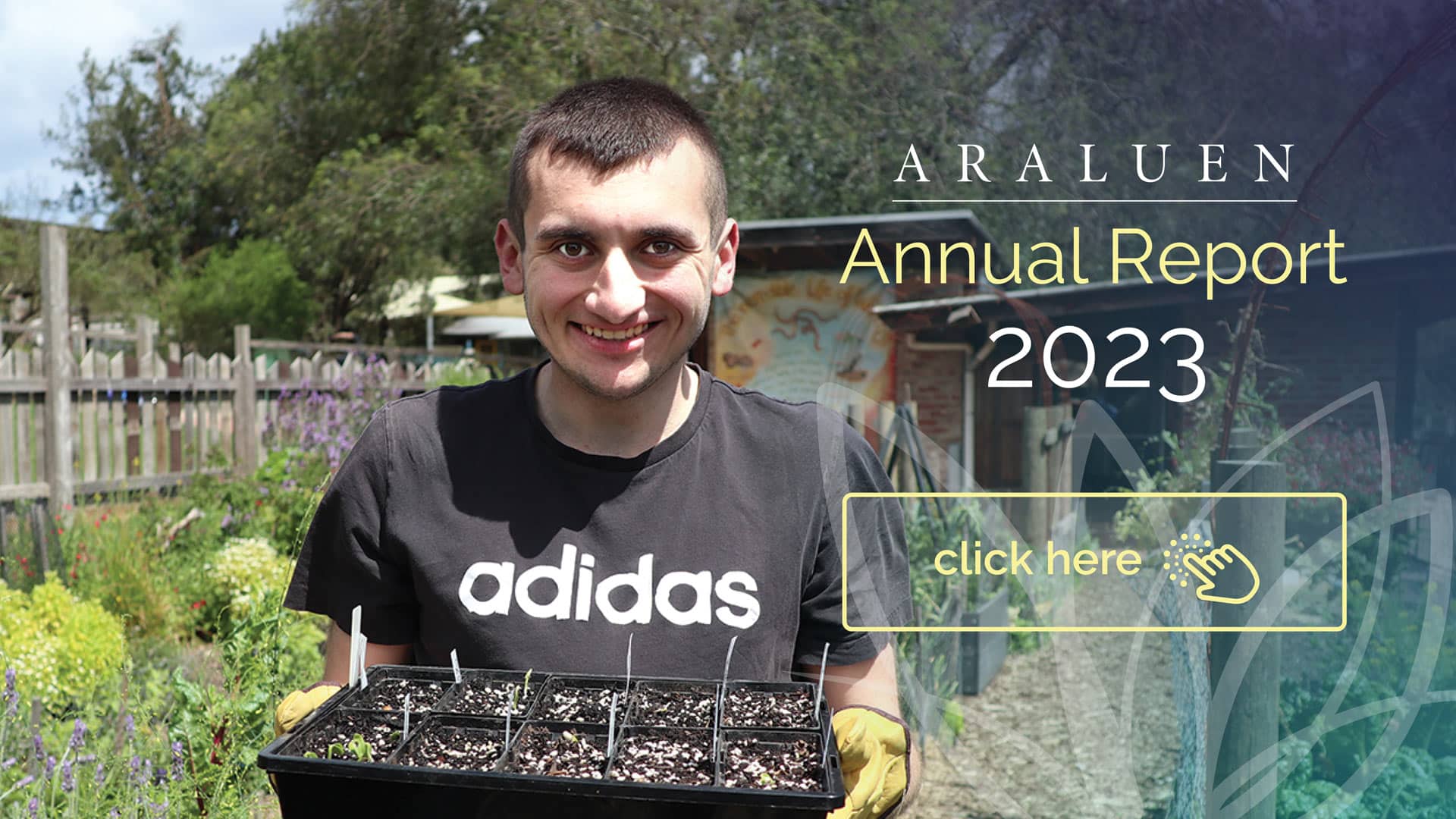 photo of a man in a vegetable garden holding a tray of seedlings and smiling with text saying Araluen Annual Report 2023 click here