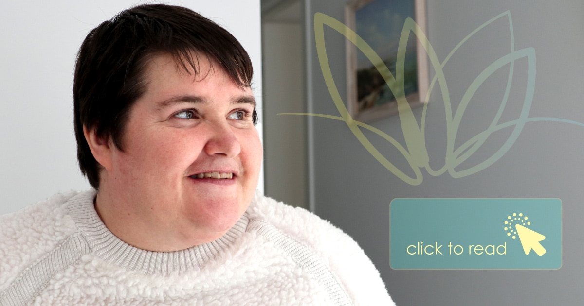 photo of a woman in a white top smiling and looking into the distance and an Araluen waterlily logo and button that says click here to go to our newsletter