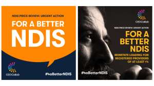 An orange speech bubble with white text that says 4 a better ndis on a black background and another photo of a man's face close up in profile with yellow text that says 4 a better NDIS