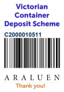 Araluen's barcode for people to use when donating their refund via the Victoria's Container Deposit Scheme