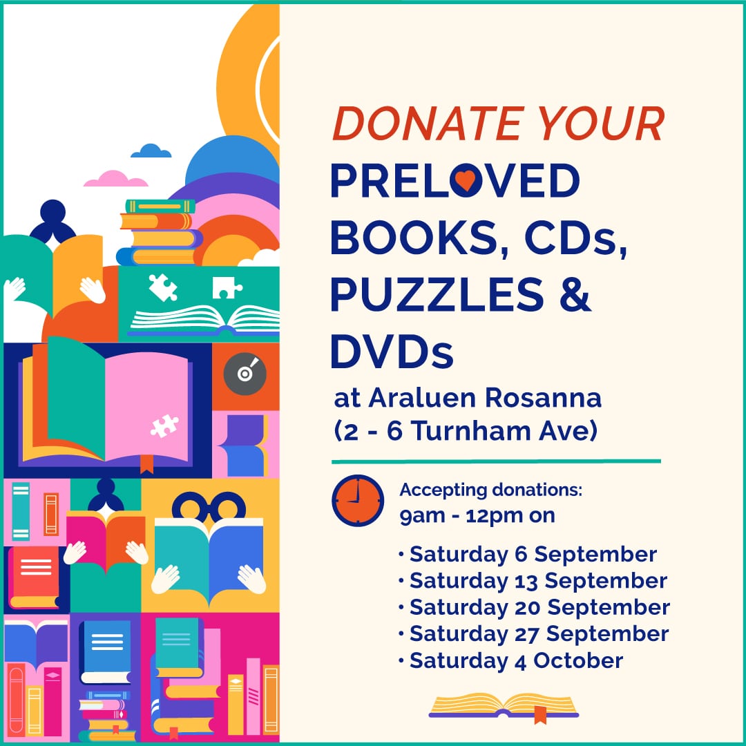 Poster of lots of books and text saying Donate your preloved books, cds, puzzles and dvds on Saturday mornings in September 2025 from 9am to 12pm at Araluen Rosanna located at 2 Turnham Avenue